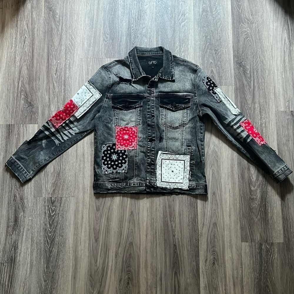 Giftd Tour Black and Red Jean Jacket Bandana Handmade Distressed Denim Large